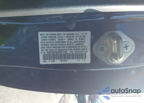 2015 Honda Civic Ex-L из США, поврежденный, VIN 19XFB2F93FE017123